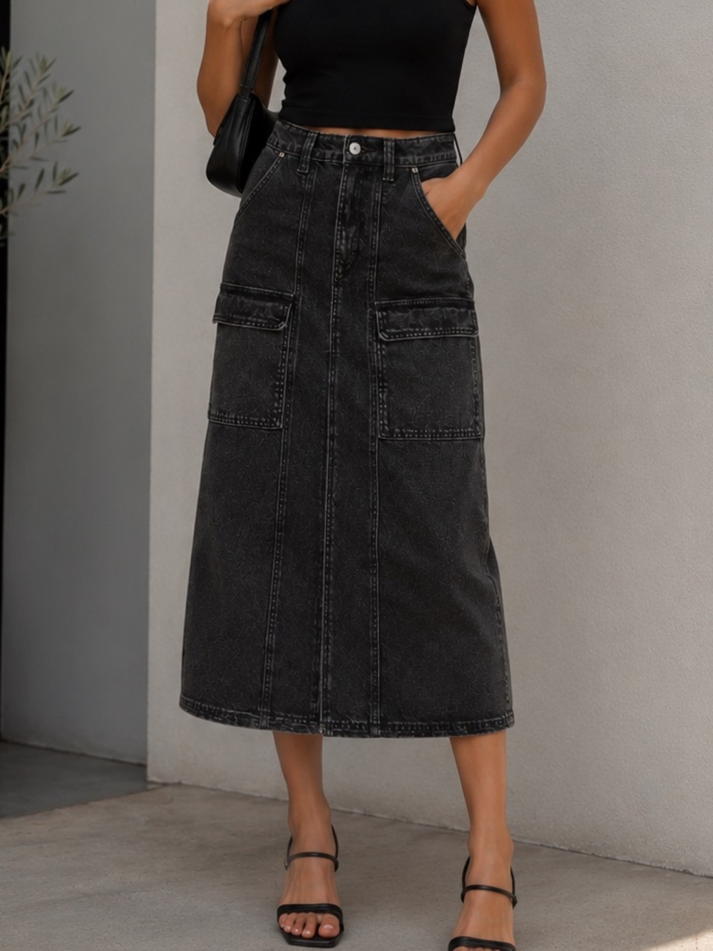 Sincerely Jules Black Washed Denim Midi Skirt